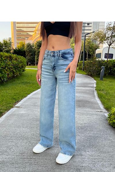 BİKELİFE Women's High Waist Stretchy Faded Effect Vintage Wide Leg Wide Leg Casual Jean