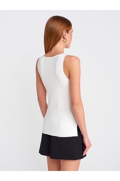 Dilvin 10726 Boat Neck Ribbed Knitwear Blouse-Ecru