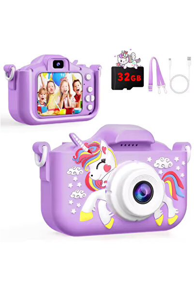 OEM Cameră Foto Digitala, Copii 3-8 Ani, cu Card SD 32GB, Jocuri, Selfie & Efecte, husa moale cu unicorn