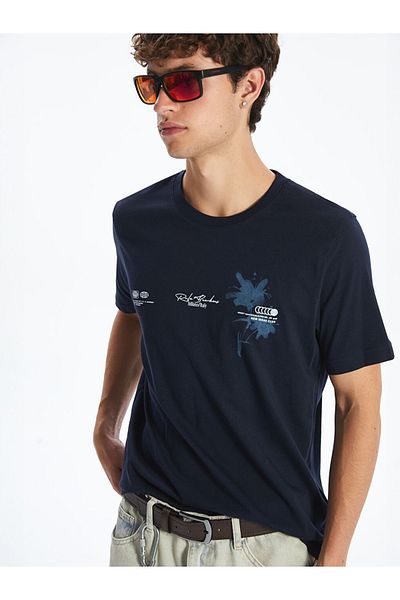 LC Waikiki Ανδρικό μπλουζάκι με λαιμόκοψη Navy Blue 100% βαμβακερό εμπριμέ χτενισμένο βαμβακερό