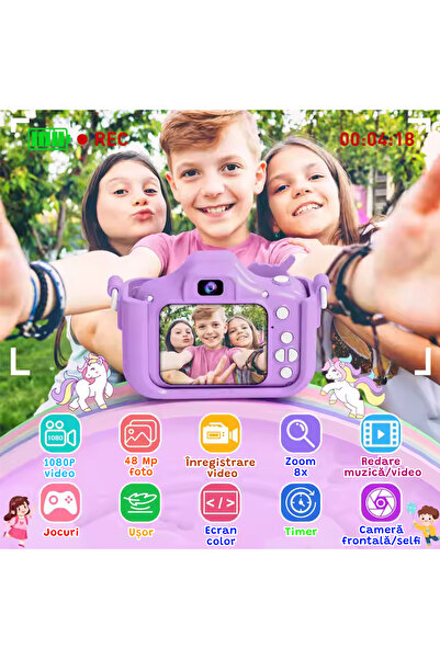 OEM Cameră Foto Digitala, Copii 3-8 Ani, cu Card SD 32GB, Jocuri, Selfie & Efecte, husa moale cu unicorn