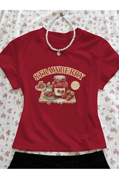OVER HEAD Kadın Çilek Reçeli Strawberry Baskılı Baby Tee Crop T-shirt