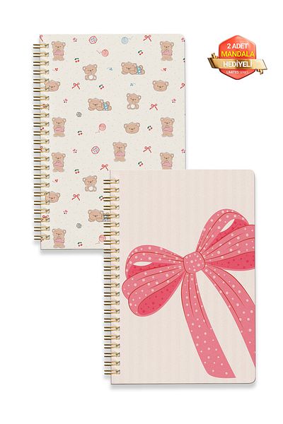 Notisyon A5 Spiral School Notebook Set of 2 1 Lined - 1 Unlined Notepad, 148 Pages, Latched, Teddy Bear