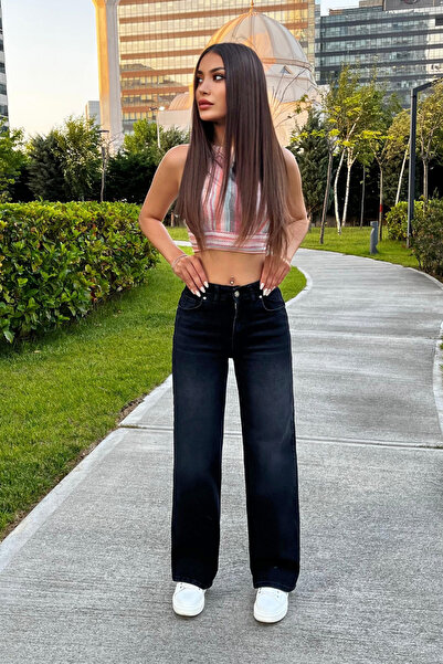 BİKELİFE Dámské džíny s vysokým pasem, elastické, s efektem vyblednutí, vintage široké nohavice, pohodlné džíny