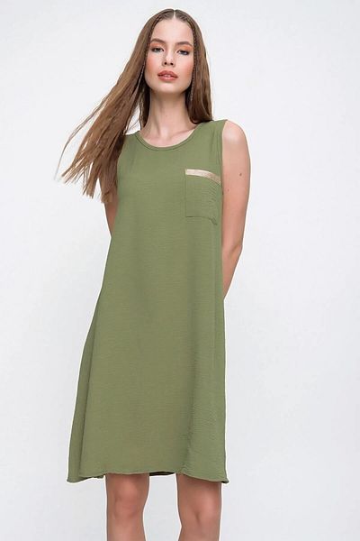 Kentsoylu Women's Khaki Wide A-Line Airobin Fabric Sleeveless Casual Midi Summer Wear-And-Go Dress 2887230