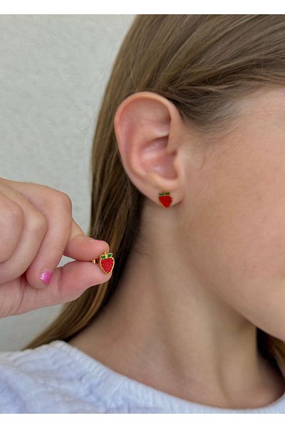 Home Sihra Accessories Steel Strawberry Child Nail Earrings Red Strawberry Earrings