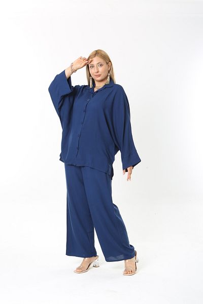XL Modam Women's Long Sleeve Dark Blue Linen Large Size Set