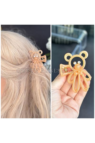 QUEEN AKSESUAR Luxury Cute Neon Transparent Colorful Crystal Stone Teddy Bear Clothespin Buckle Bear Clip Golden Yellow