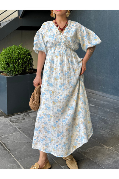 Bak'ap Rochie lungă florală din țesătură de muselină, cu mâneci balon, cu decolteu în V