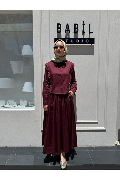 Babil Butik Td4045 Button Detailed Cotton Skirt Suit Claret Red