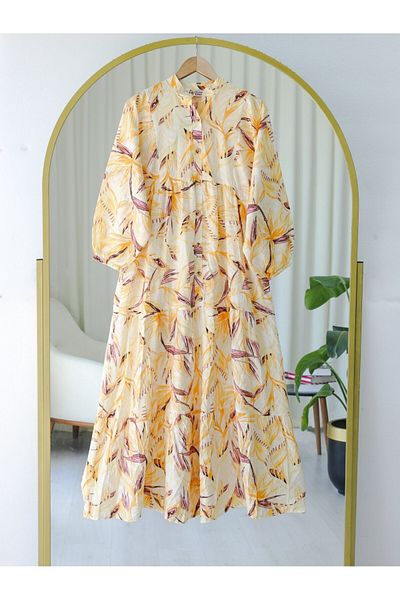 Modamorfo Floral Patterned Half Button Dress with Split Sleeves and Elastic Waist - Mustard