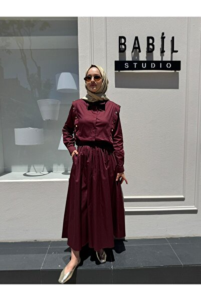Babil Butik Td4045 Button Detailed Cotton Skirt Suit Claret Red