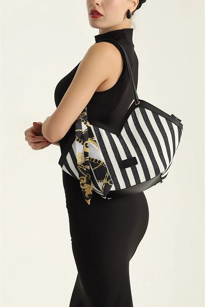 Ladystyle Black and White Canvas Scarf Women's Handbag and Shoulder Bag