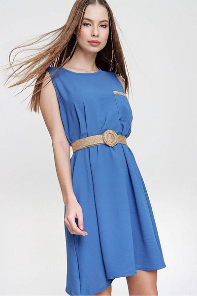 Kentsoylu Γυναικείο Indigo Wide A-Line Airobin ύφασμα αμάνικο μανίκι Casual Midi καλοκαιρινό φόρεμα 2887230