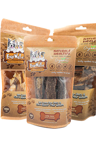 Eva & Wall-e Küçük Irklar İçin Doğal Köpek Ödül Seti | Kuzu Kelle Derisi, İşkembe & Dana Ciğer 3' lü set