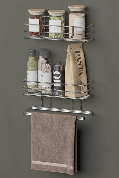 Hill Homes 2 li Set Yapışkanlı Krom Gümüş Askılı Baharatlık Mutfak Rafı Tezhah Havluluk Düzenleyici