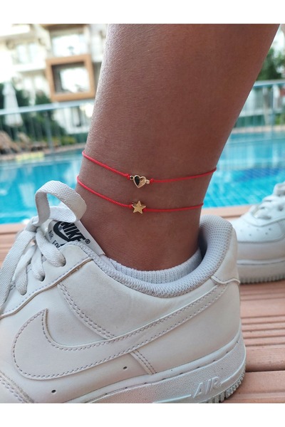 LUCKY ACCESSORIES Kırmızı İp Şans Gold Kalp ve Yıldız Halhal