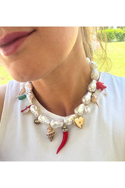 LYRA Za- Pearl, Luck and Chilli Pepper Themed Charm Detailed Necklace