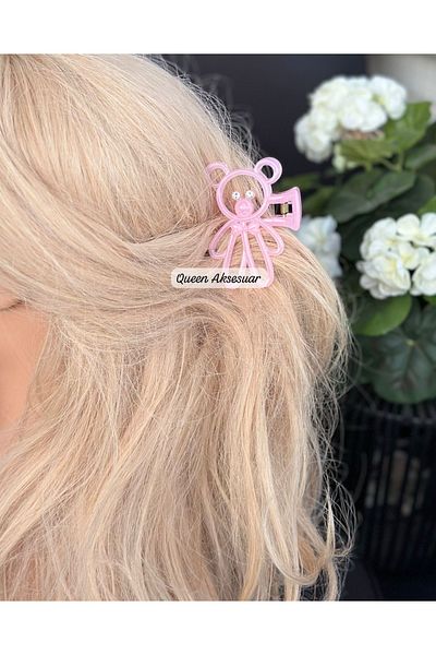 QUEEN AKSESUAR Luxury Cute Neon Transparent Color Crystal Stone Teddy Bear Clothespin Buckle Bear Clip Pink