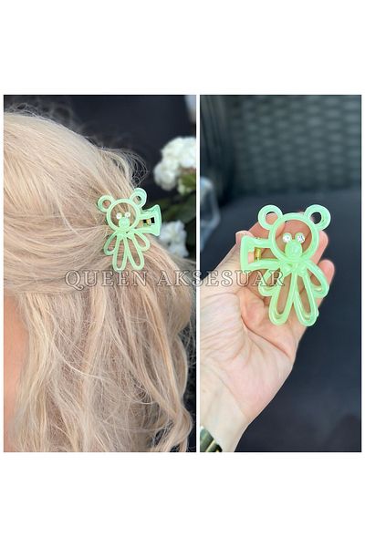 QUEEN AKSESUAR Luxury Cute Neon Transparent Colorful Crystal Stone Teddy Bear Clothespin Buckle Bear Clip Mint Green