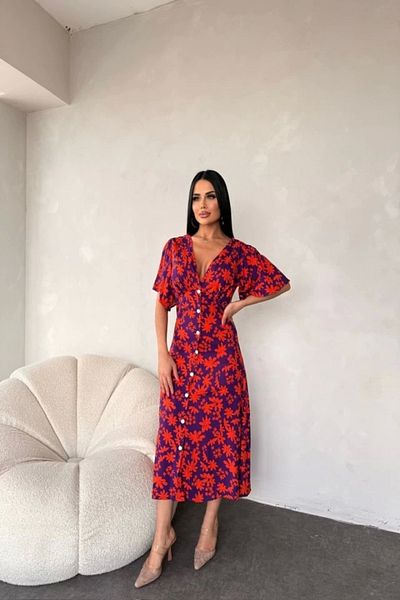 Cbm Women's Chest Low-Cut Leaf Pattern Woven Viscose Fabric Maxi Length Dress