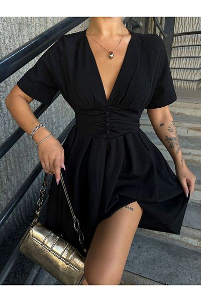sharin Women's Black V-Neck Gathered Mini Flared Dress 4C-2348