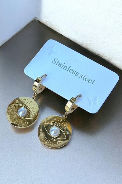 Çelik Steel Earrings with Eye Figure and Pearl Detail