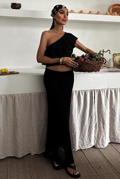 WeShaya Set fără mâneci pentru femei, din bumbac negru, cu guler asimetric