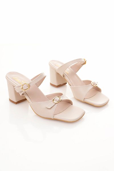 meyra'nın ayakkabıları Women's Gold Buckle Detailed Heeled Slippers Tan