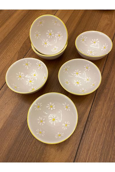 arı çini seramik Set of 6 Daisy Patterned Handmade Snack Bowl, Jam Bowl, Sauce Bowl Ceramic Bowl
