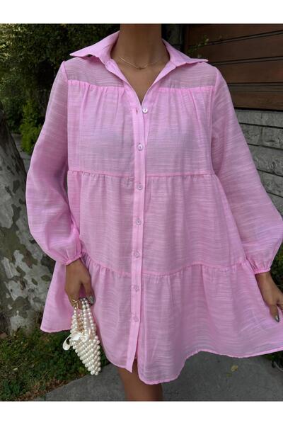 WeShaya Women's Pink Long Sleeve Plain Mini Shirt Collar Dress