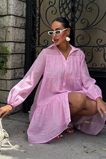 WeShaya Women's Pink Long Sleeve Plain Mini Shirt Collar Dress