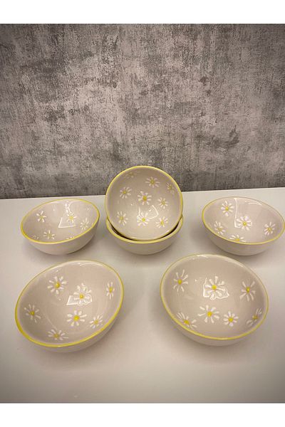 arı çini seramik Set of 6 Daisy Patterned Handmade Snack Bowl, Jam Bowl, Sauce Bowl Ceramic Bowl