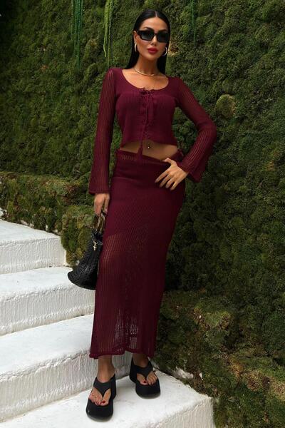 WeShaya Set de tricotaje pentru femei, burgundy, cu guler pătrat, cu mâneci l...