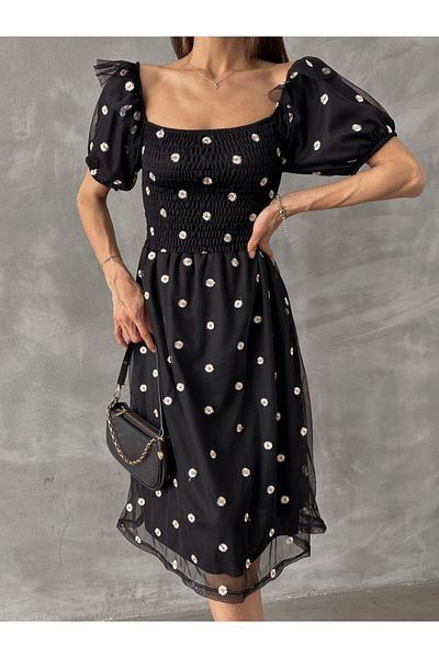 CCTWEAR Black Spring Flower Daisy Embroidered Gipeli Boat Neck Dress