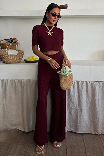 WeShaya Γυναικείο Βουργουνδίας Πλεκτό Ακρυλικό Σετ Κοντομάνικο Δύο Τεμάχια