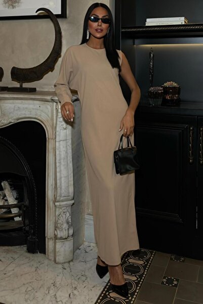 WeShaya Women's Beige Woven Single Sleeve Long Crew Neck Dress