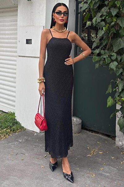 WeShaya Women's Black Strap Lace Maxi Dress