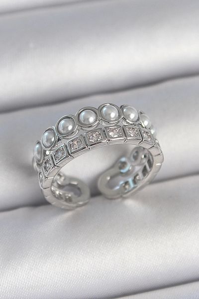 Clariss Brass Silver Color 2 Row Adjustable Women's Ring with Zircon Stone and Pearl