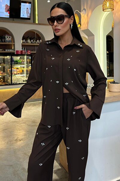 WeShaya Women's Brown Polyviscon Stone Printed Long Sleeve Suit