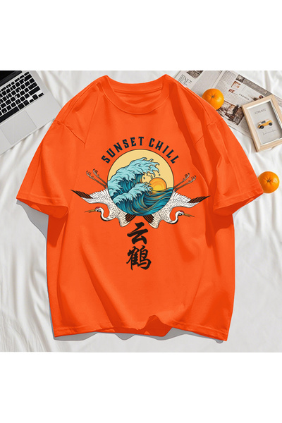 StartMore تي شيرت Y2k Vintage تي شيرت Sunset Chill Cloud Cranes And Waves Print