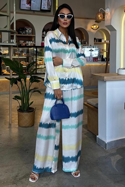 WeShaya Дамски комплект от сатен с дълги ръкави и мулти батик мотиви