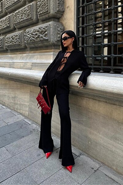 WeShaya Γυναικείο Μαύρο Πλεκτό Σετ με Μακρύ Πλεκτό Γιακά Πόλο