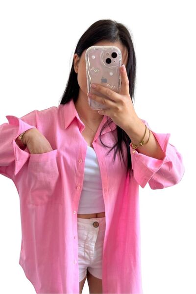 clavia Loosee Fit Off Shoulder Regular Oversize Linen Look Pocket Detailed Shirt