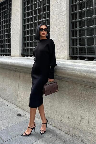 WeShaya Γυναικείο μίντι φόρεμα με μαύρο ακρυλικό μανίκι μπαλόνι