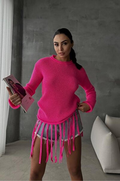 WeShaya Pulover subțire cu mânecă lungă din tricot fucsia pentru femei