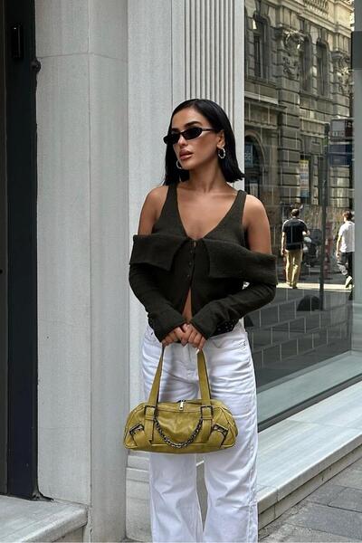 WeShaya Cardigan scurt pentru femei, kaki, cu două piepte