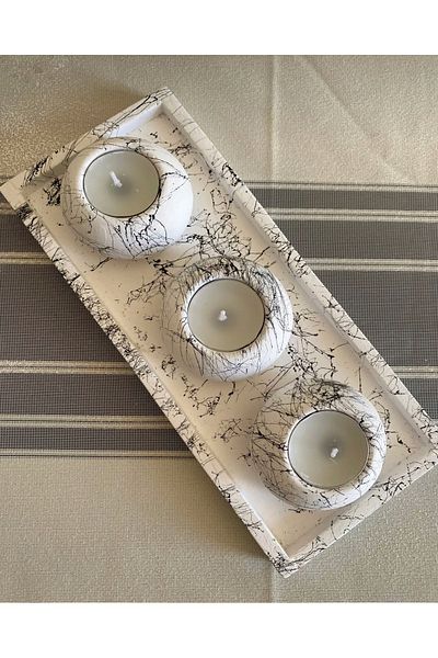 Bautinq Store Marble Effect 3-Piece Candle Holder Plate (Candle Included)
