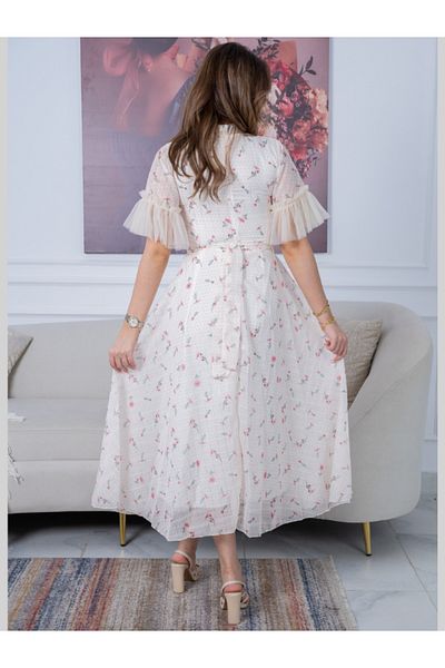 Nice Model Women Floral Midi Dress Short Sleeve Ruffle Summer Wedding Guest Party Elegant Feminine Outfit