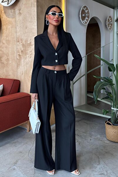 WeShaya Γυναικείο μαύρο κοστούμι με διπλό στήθος, υφαντό, κομμένο σε κομμένο ...